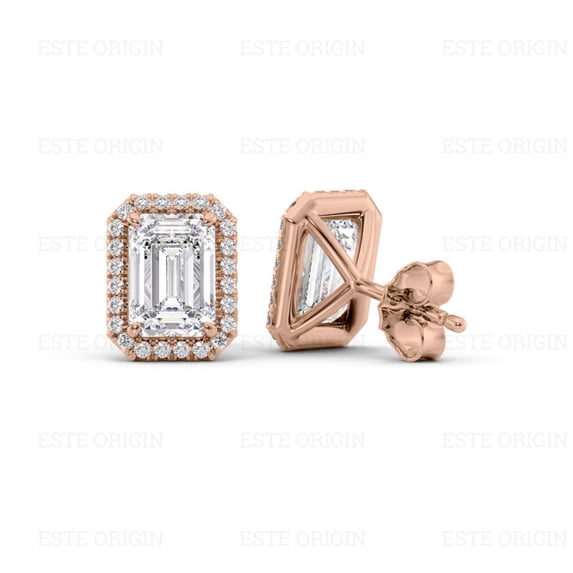 IGI Certified 1.50 Ct Emerald Cut Lab-Grown Diamond Halo Stud Earrings – 14K Rose Gold | Women's Earrings
