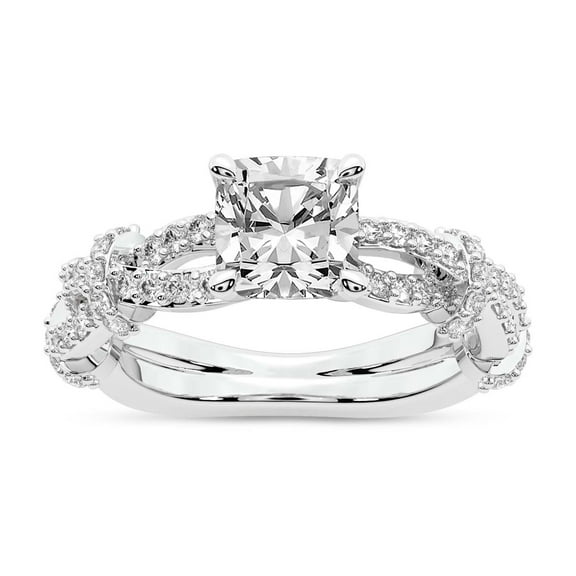 IGI Certified 1 Carat Cushion Shape Lab Grown Diamond Engagement Ring | 14K White Gold | Charlotte Double Twist Side Stone Diamond Ring | FG-VS1-VS2 Quality Friendly Diamonds