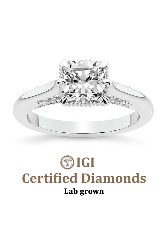 IGI Certified 1 Carat Cushion Shape Lab Grown Diamond Engagement Ring | 14K White Gold | Esther Tacori Style Solitaire Diamond Ring | FG-VS1-VS2 Quality Friendly Diamonds