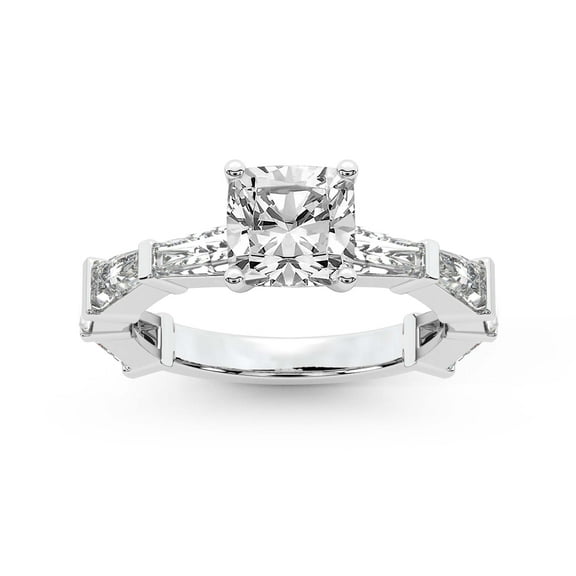 IGI Certified 1 Carat Cushion Shape Lab Grown Diamond Engagement Ring | 14K White Gold | Gizele Tapered Side Stone Diamond Ring | FG-VS1-VS2 Quality Friendly Diamonds