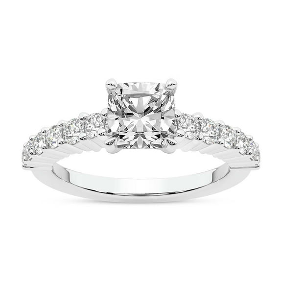 IGI Certified 1 Carat Cushion Shape Lab Grown Diamond Engagement Ring | 14K White Gold | Lottie Four Claw Side Stone Diamond Ring | FG-VS1-VS2 Quality Friendly Diamonds