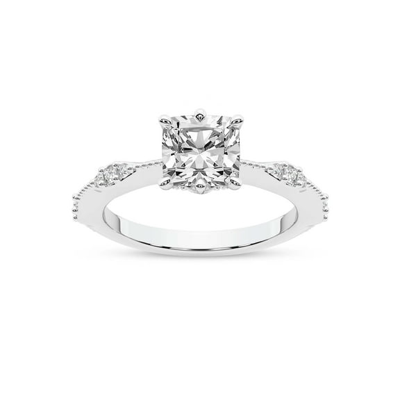 IGI Certified 1 Carat Cushion Shape Lab Grown Diamond Engagement Ring | 14K White Gold | Theodora Six Prong Side Stone Diamond Ring | FG-VS1-VS2 Quality Friendly Diamonds