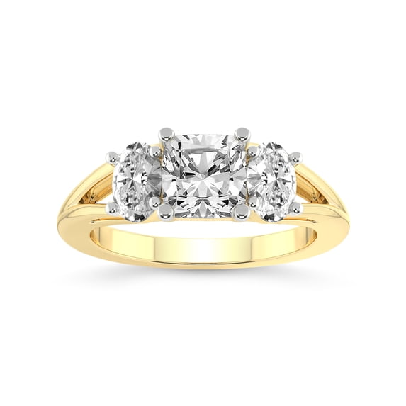 IGI Certified 1 Carat Cushion Shape Lab Grown Diamond Engagement Ring | 14K Yellow Gold | Bethany Three Stone Side Oval Diamond Ring | FG-VS1-VS2 Quality Friendly Diamonds