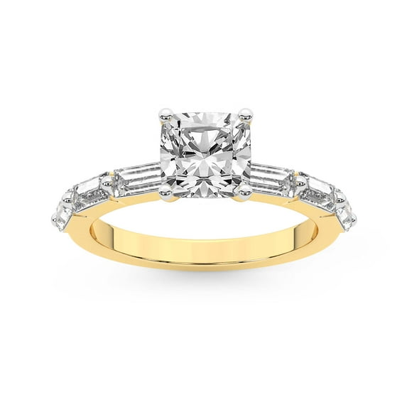 IGI Certified 1 Carat Cushion Shape Lab Grown Diamond Engagement Ring | 14K Yellow Gold | Kimberly Baguette Side Stone Diamond Ring | FG-VS1-VS2 Quality Friendly Diamonds