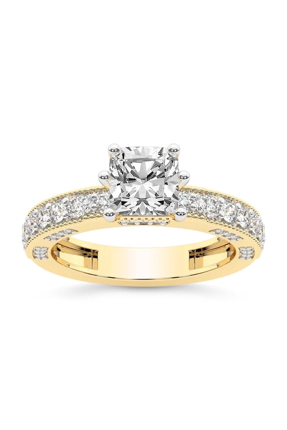 IGI Certified 1 Carat Cushion Shape Lab Grown Diamond Engagement Ring | 14K Yellow Gold | Regalia Milgrain Diamond Ring | FG-VS Quality Friendly Diamonds