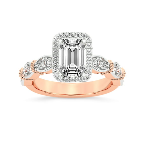 IGI Certified 1 Carat Emerald Shape Lab Grown Diamond Engagement Ring | 14K Rose Gold | Micaela Halo Diamond Ring | FG-VS1-VS2 Quality Friendly Diamonds
