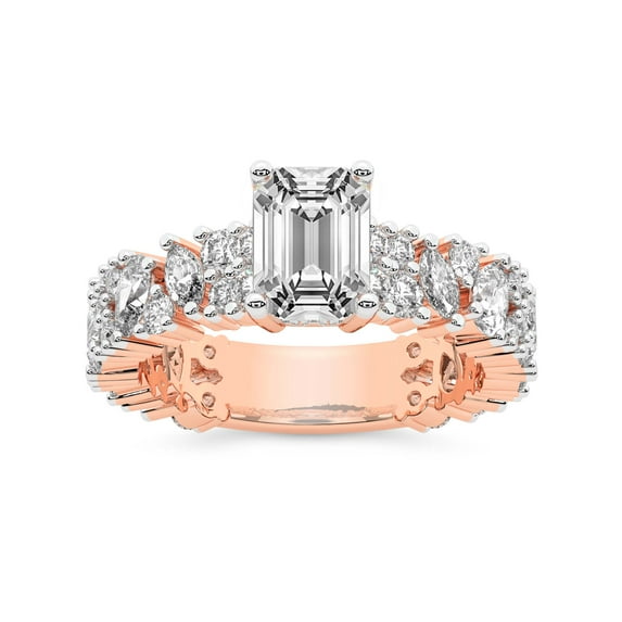 IGI Certified 1 Carat Emerald Shape Lab Grown Diamond Engagement Ring | 14K Rose Gold | Skylar Side Stone Encrusted Diamond Ring | FG-VS Quality Friendly Diamonds