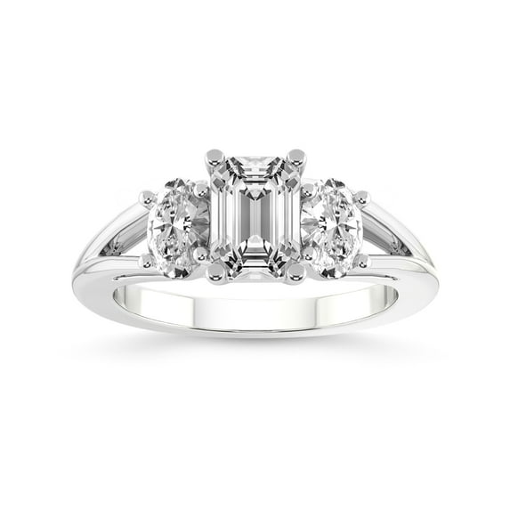 IGI Certified 1 Carat Emerald Shape Lab Grown Diamond Engagement Ring | 14K White Gold | Bethany Three Stone Side Oval Diamond Ring | FG-VS1-VS2 Quality Friendly Diamonds