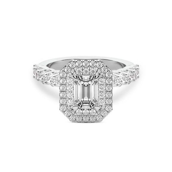 IGI Certified 1 Carat Emerald Shape Lab Grown Diamond Engagement Ring | 14K White Gold | Crowned Cresta Double Halo Diamond Ring | FG-VS1-VS2 Quality Friendly Diamonds