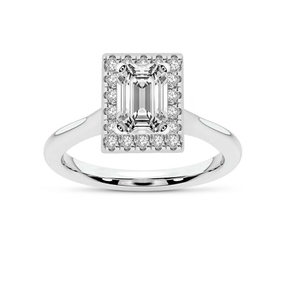 IGI Certified 1 Carat Emerald Shape Lab Grown Diamond Engagement Ring | 14K White Gold | Harriet Halo Diamond Ring | FG-VS1-VS2 Quality Friendly Diamonds