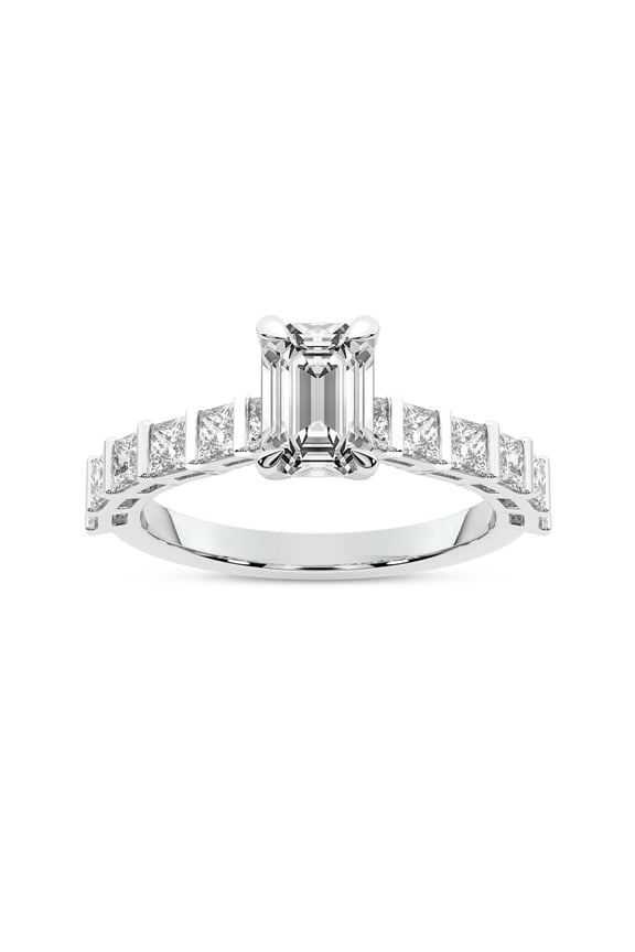 IGI Certified 1 Carat Emerald Shape Lab Grown Diamond Engagement Ring | 14K White Gold | Keziah Side Stone Square Diamond Ring | FG-VS1-VS2 Quality Friendly Diamonds