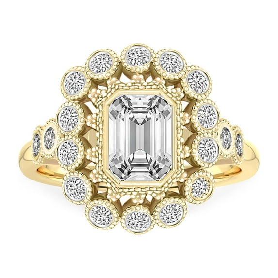 IGI Certified 1 Carat Emerald Shape Lab Grown Diamond Engagement Ring | 14K Yellow Gold |Bloom Vintage Halo Diamond Ring | FG-VS1-VS2 Quality Friendly Diamonds