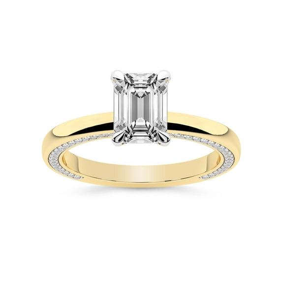 IGI Certified 1 Carat Emerald Shape Lab Grown Diamond Engagement Ring | 14K Yellow Gold | Edith Diamond Studded Petite Solitaire Diamond Ring | FG-VS1-VS2 Quality Friendly Diamonds