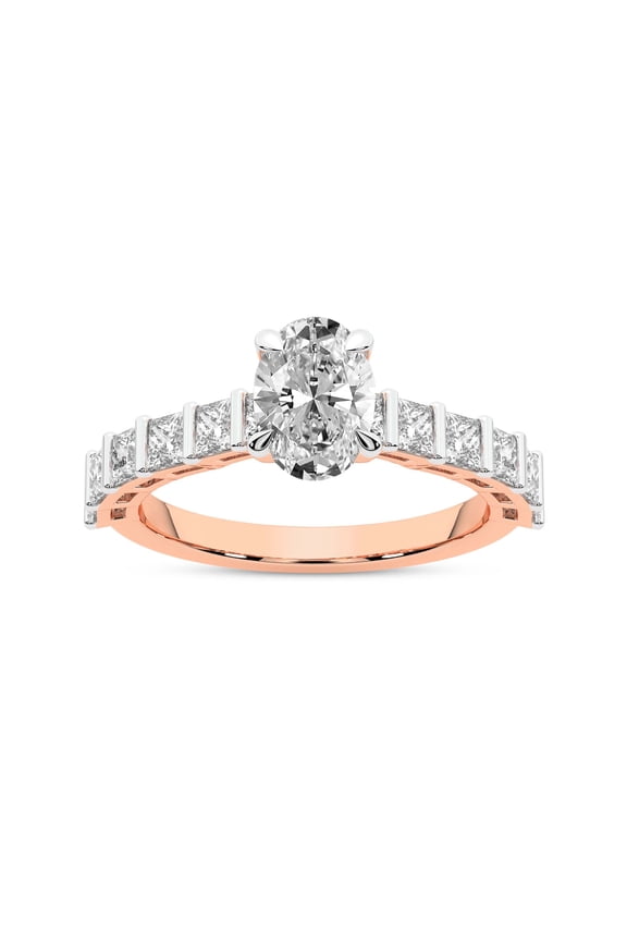 IGI Certified 1 Carat Oval Shape Lab Grown Diamond Engagement Ring | 14K Rose Gold | Keziah Side Stone Square Diamond Ring | FG-VS1-VS2 Quality Friendly Diamonds