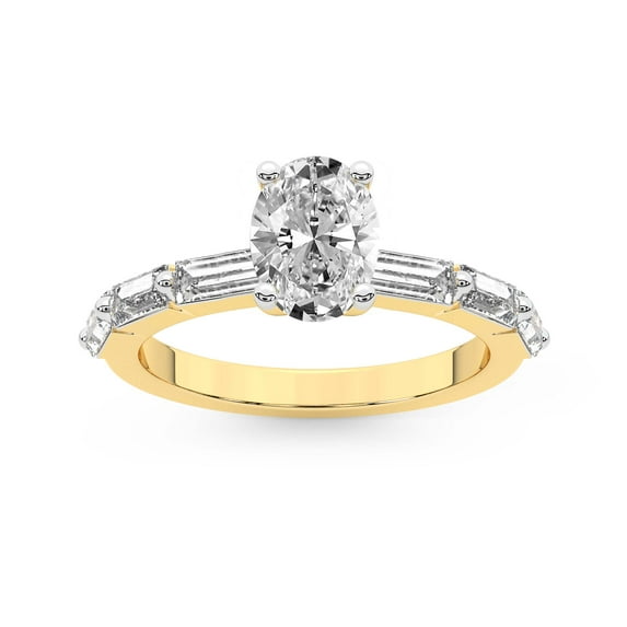 IGI Certified 1 Carat Oval Shape Lab Grown Diamond Engagement Ring | 14K Yellow Gold | Kimberly Baguette Side Stone Diamond Ring | FG-VS1-VS2 Quality Friendly Diamonds