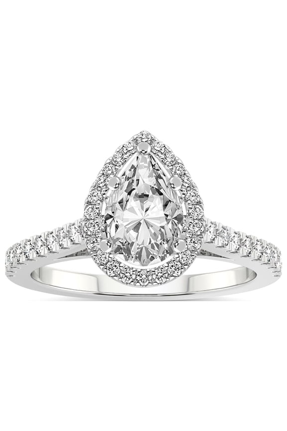 IGI Certified 1 Carat Pear Shape Lab Grown Diamond Engagement Ring | 14K White Gold | Rising Sun Halo Lab Diamond Ring | FG-VS1-VS2 Quality Friendly Diamonds