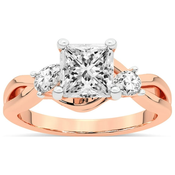 IGI Certified 1 Carat Princess Shape Lab Grown Diamond Engagement Ring | 14K Rose Gold | Odette Three Stone Bypass Diamond Ring | FG-VS1-VS2 Quality Friendly Diamonds