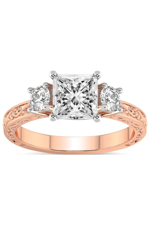 IGI Certified 1 Carat Princess Shape Lab Grown Diamond Engagement Ring | 14K Rose Gold | Valencia Three Stone Vintage Diamond Ring | FG-VS1-VS2 Quality Friendly Diamonds