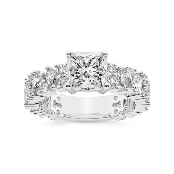 IGI Certified 1 Carat Princess Shape Lab Grown Diamond Engagement Ring | 14K White Gold | Skylar Side Stone Encrusted Diamond Ring | FG-VS Quality Friendly Diamonds