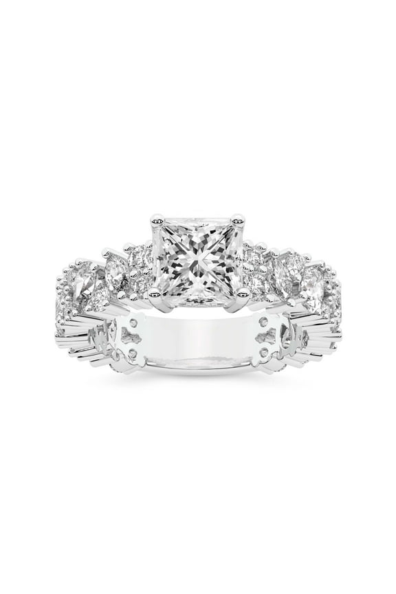 IGI Certified 1 Carat Princess Shape Lab Grown Diamond Engagement Ring | 14K White Gold | Skylar Side Stone Encrusted Diamond Ring | FG-VS Quality Friendly Diamonds