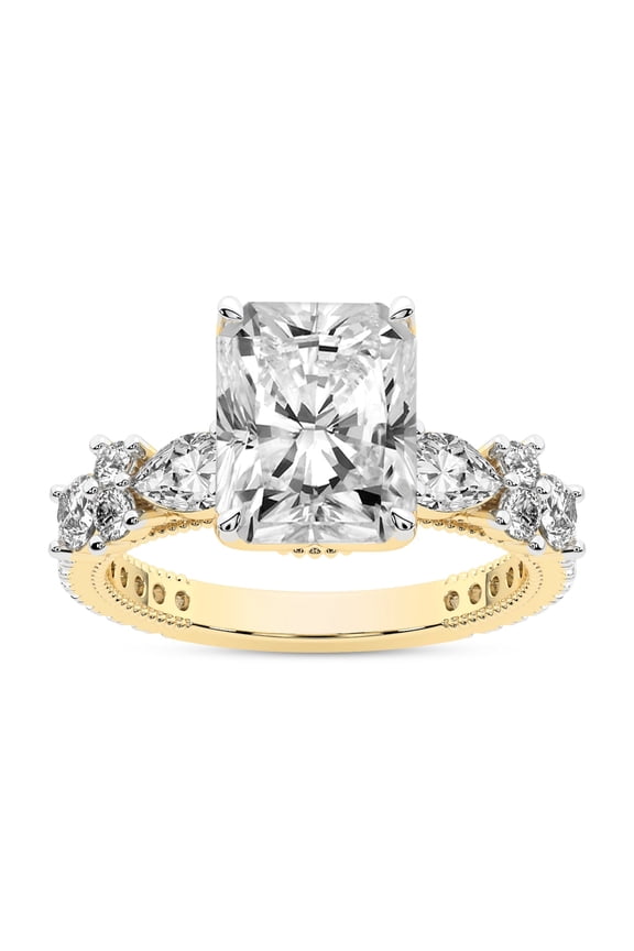 IGI Certified 1 Carat Radiant Shape Lab Grown Diamond Engagement Ring | 14K Yellow Gold | Chrizan Round & Pear Side Stone Diamond Ring | FG-VS1-VS2 Quality Friendly Diamonds