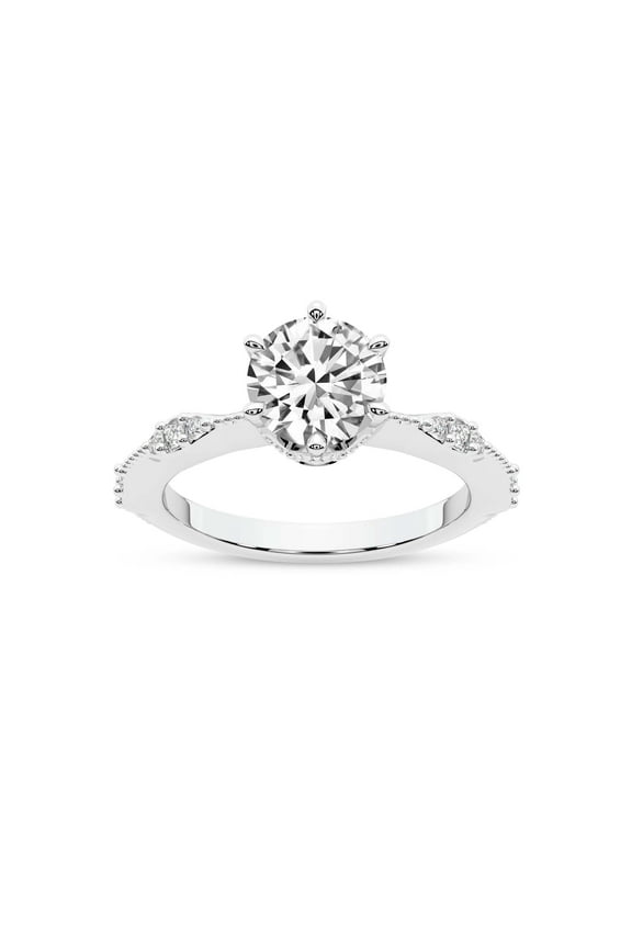 IGI Certified 1 Carat Round Shape Lab Grown Diamond Engagement Ring | 14K White Gold | Theodora Six Prong Side Stone Diamond Ring | FG-VS1-VS2 Quality Friendly Diamonds