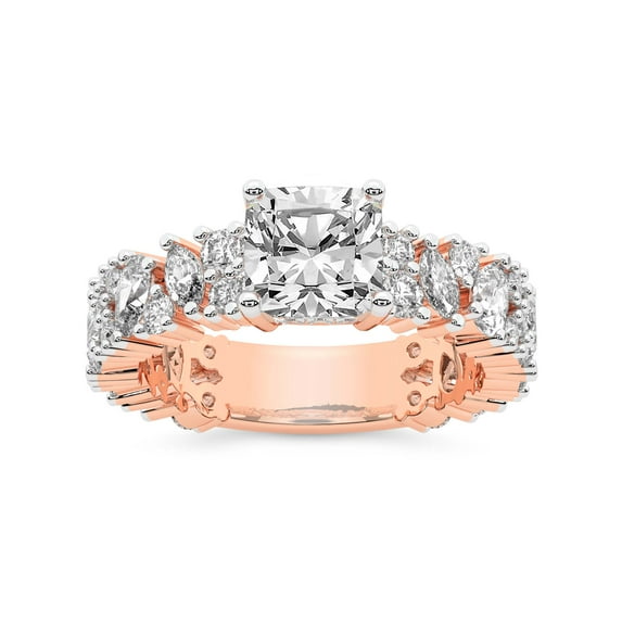 IGI Certified 2 Carat Cushion Shape Lab Grown Diamond Engagement Ring | 14K Rose Gold | Skylar Side Stone Encrusted Diamond Ring | FG-VS Quality Friendly Diamonds