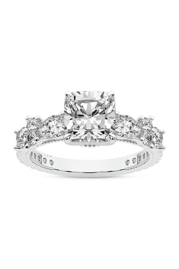IGI Certified 2 Carat Cushion Shape Lab Grown Diamond Engagement Ring | 14K White Gold | Chrizan Round & Pear Side Stone Diamond Ring | FG-VS1-VS2 Quality Friendly Diamonds