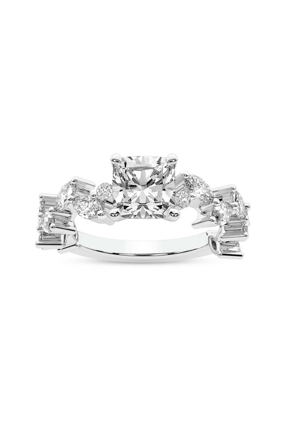 IGI Certified 2 Carat Cushion Shape Lab Grown Diamond Engagement Ring | 14K White Gold | Hester Petite Side Stone Diamond Ring | FG-VS1-VS2 Quality Friendly Diamonds