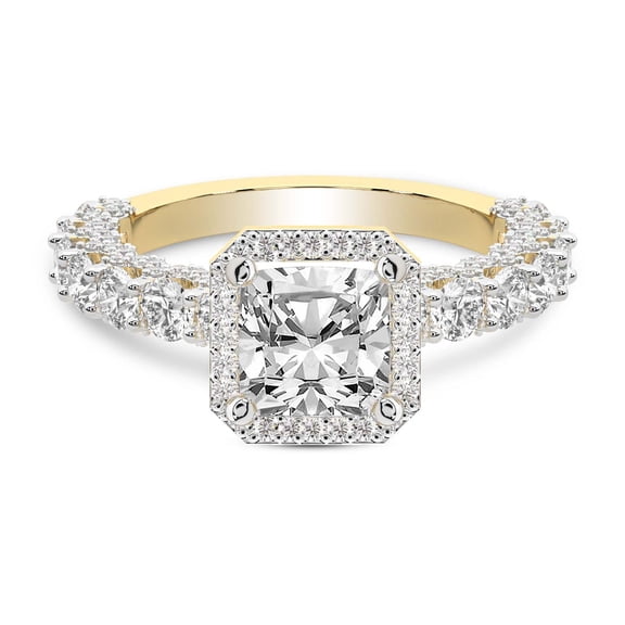IGI Certified 2 Carat Cushion Shape Lab Grown Diamond Engagement Ring | 14K Yellow Gold | Enchanté Side Stones Halo Diamond Ring | FG-VS1-VS2 Quality Friendly Diamonds