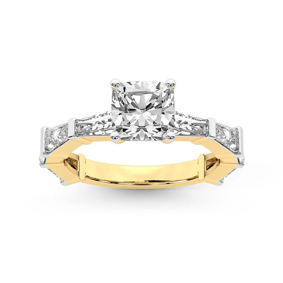 IGI Certified 2 Carat Cushion Shape Lab Grown Diamond Engagement Ring | 14K Yellow Gold | Gizele Tapered Side Stone Diamond Ring | FG-VS1-VS2 Quality Friendly Diamonds