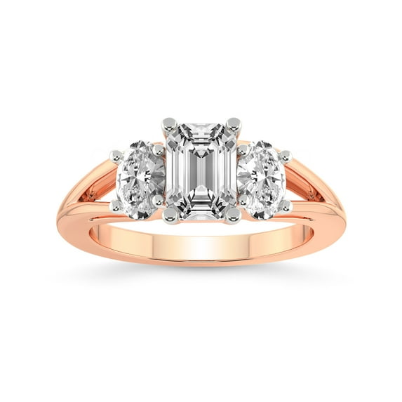 IGI Certified 2 Carat Emerald Shape Lab Grown Diamond Engagement Ring | 14K Rose Gold | Bethany Three Stone Side Oval Diamond Ring | FG-VS1-VS2 Quality Friendly Diamonds