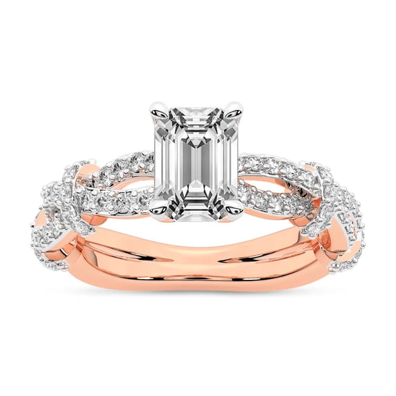 IGI Certified 2 Carat Emerald Shape Lab Grown Diamond Engagement Ring | 14K Rose Gold | Charlotte Double Twist Side Stone Diamond Ring | FG-VS1-VS2 Quality Friendly Diamonds
