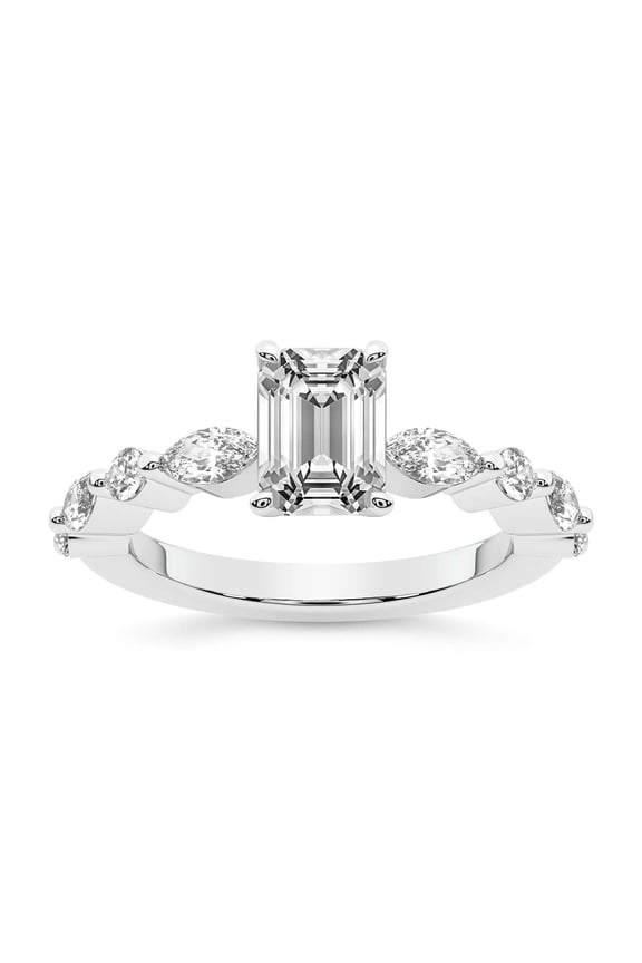 IGI Certified 2 Carat Emerald Shape Lab Grown Diamond Engagement Ring | 14K White Gold | Pamela Eternity Side Stone Diamond Ring | FG-VS1-VS2 Quality Friendly Diamonds
