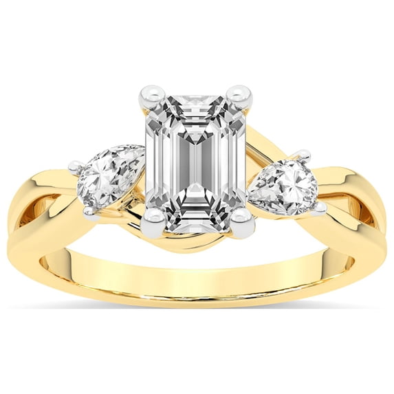 IGI Certified 2 Carat Emerald Shape Lab Grown Diamond Engagement Ring | 14K Yellow Gold | Odette Three Stone Bypass Diamond Ring | FG-VS1-VS2 Quality Friendly Diamonds