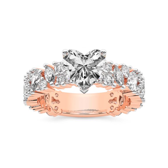 IGI Certified 2 Carat Heart Shape Lab Grown Diamond Engagement Ring | 14K Rose Gold | Skylar Side Stone Encrusted Diamond Ring | FG-VS Quality Friendly Diamonds