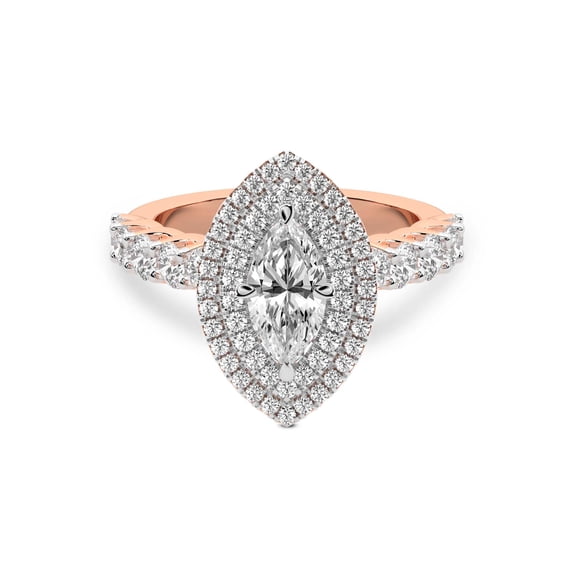 IGI Certified 2 Carat Marquise Shape Lab Grown Diamond Engagement Ring | 14K Rose Gold | Crowned Cresta Double Halo Diamond Ring | FG-VS1-VS2 Quality Friendly Diamonds