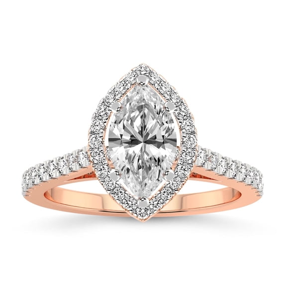 IGI Certified 2 Carat Marquise Shape Lab Grown Diamond Engagement Ring | 14K Rose Gold | Rising Sun Halo Lab Diamond Ring | FG-VS1-VS2 Quality Friendly Diamonds