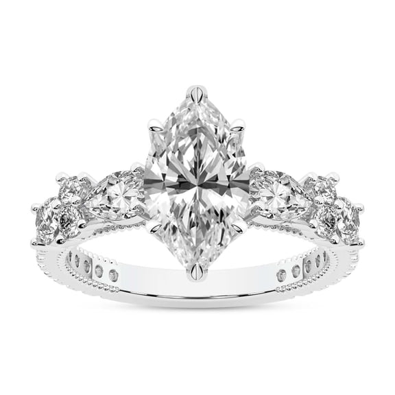 IGI Certified 2 Carat Marquise Shape Lab Grown Diamond Engagement Ring | 14K White Gold | Chrizan Round & Pear Side Stone Diamond Ring | FG-VS1-VS2 Quality Friendly Diamonds