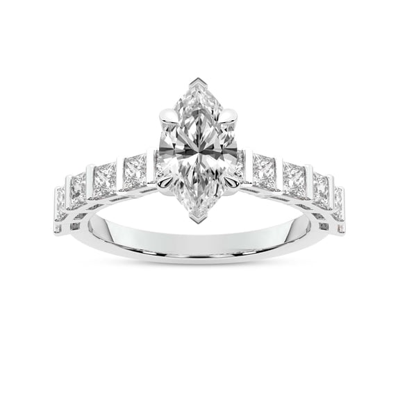 IGI Certified 2 Carat Marquise Shape Lab Grown Diamond Engagement Ring | 14K White Gold | Keziah Side Stone Square Diamond Ring | FG-VS1-VS2 Quality Friendly Diamonds