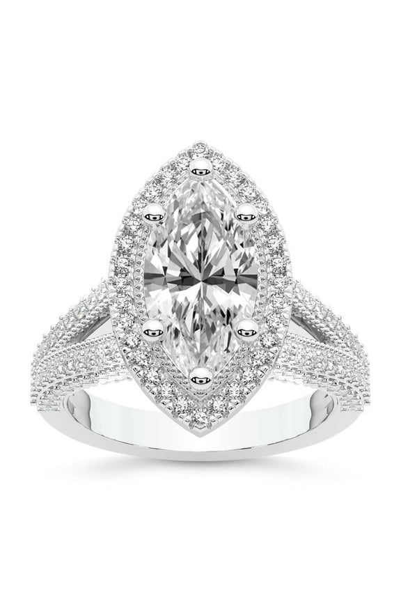 IGI Certified 2 Carat Marquise Shape Lab Grown Diamond Engagement Ring | 14K White Gold | Opulenté Antique Halo Diamond Ring | FG-VS Quality Friendly Diamonds