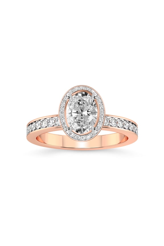 IGI Certified 2 Carat Oval Shape Lab Grown Diamond Engagement Ring | 14K Rose Gold | Around the Globe Halo Diamond Ring | FG-VS1-VS2 Quality Friendly Diamonds