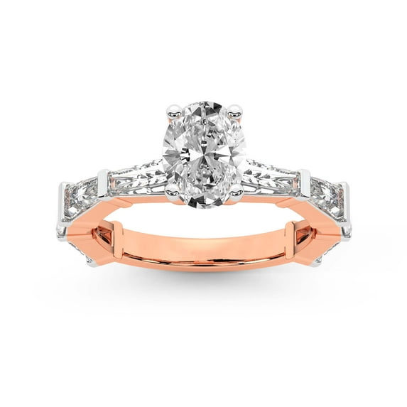 IGI Certified 2 Carat Oval Shape Lab Grown Diamond Engagement Ring | 14K Rose Gold | Gizele Tapered Side Stone Diamond Ring | FG-VS1-VS2 Quality Friendly Diamonds
