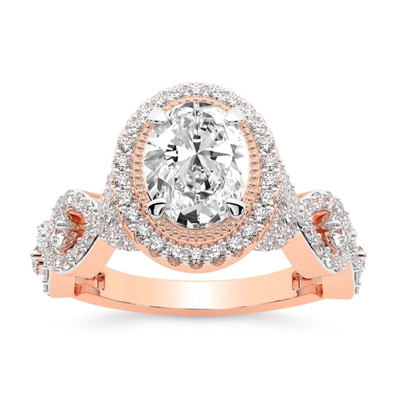 IGI Certified 2 Carat Oval Shape Lab Grown Diamond Engagement Ring | 14K Rose Gold | Prestigia Criss Cross Halo Diamond Ring | FG-VS1-VS2 Quality Friendly Diamonds