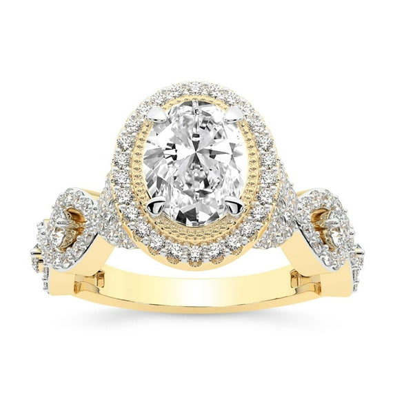 IGI Certified 2 Carat Oval Shape Lab Grown Diamond Engagement Ring | 14K Yellow Gold | Prestigia Criss Cross Halo Diamond Ring | FG-VS1-VS2 Quality Friendly Diamonds
