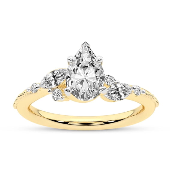 IGI Certified 2 Carat Pear Shape Lab Grown Diamond Engagement Ring | 14K Yellow Gold | Emmeline Crisscross Side Stone Diamond Ring | FG-VS1-VS2 Quality Friendly Diamonds