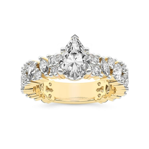 IGI Certified 2 Carat Pear Shape Lab Grown Diamond Engagement Ring | 14K Yellow Gold | Skylar Side Stone Encrusted Diamond Ring | FG-VS Quality Friendly Diamonds