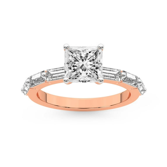 IGI Certified 2 Carat Princess Shape Lab Grown Diamond Engagement Ring | 14K Rose Gold | Kimberly Baguette Side Stone Diamond Ring | FG-VS1-VS2 Quality Friendly Diamonds