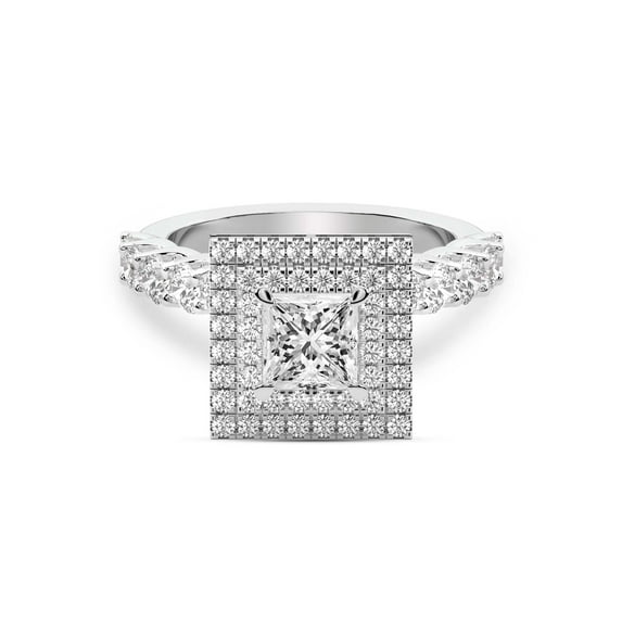 IGI Certified 2 Carat Princess Shape Lab Grown Diamond Engagement Ring | 14K White Gold | Crowned Cresta Double Halo Diamond Ring | FG-VS1-VS2 Quality Friendly Diamonds