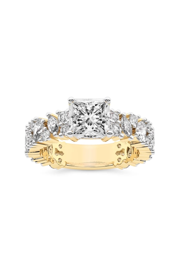 IGI Certified 2 Carat Princess Shape Lab Grown Diamond Engagement Ring | 14K Yellow Gold | Skylar Side Stone Encrusted Diamond Ring | FG-VS Quality Friendly Diamonds